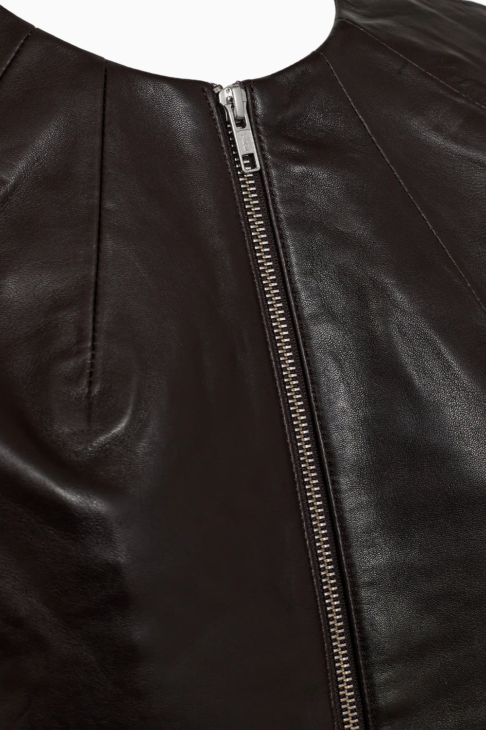 round neck dark brown leather jacket  close up