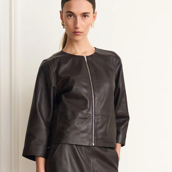 round neck dark brown leather jacket model shot