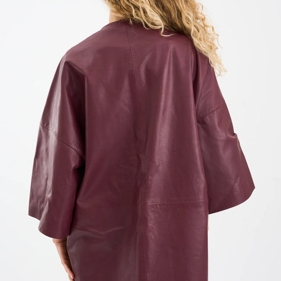 half sleeve concealed placket burgundy leather jacket from pieszak rear view
