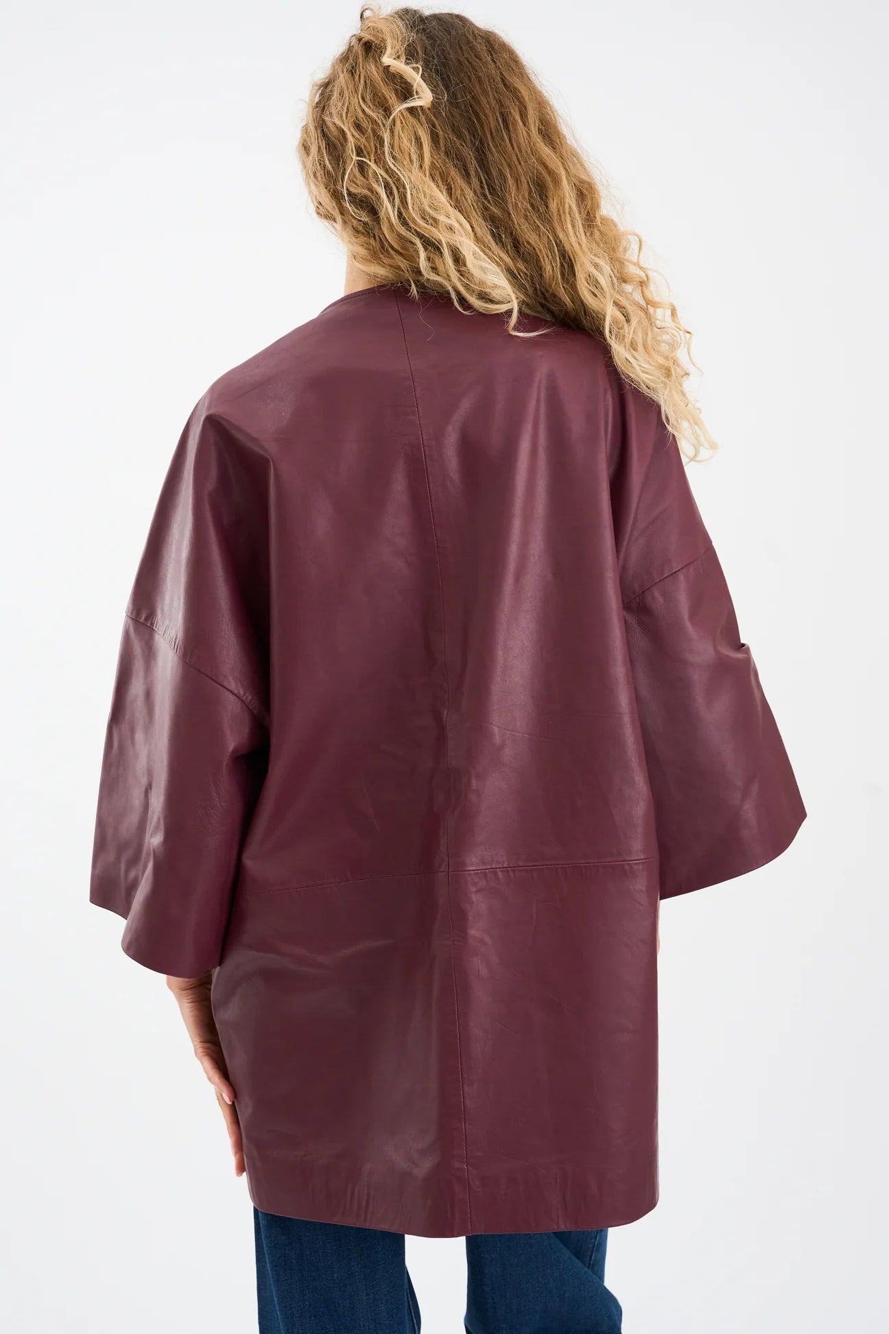 half sleeve concealed placket burgundy leather jacket from pieszak rear view
