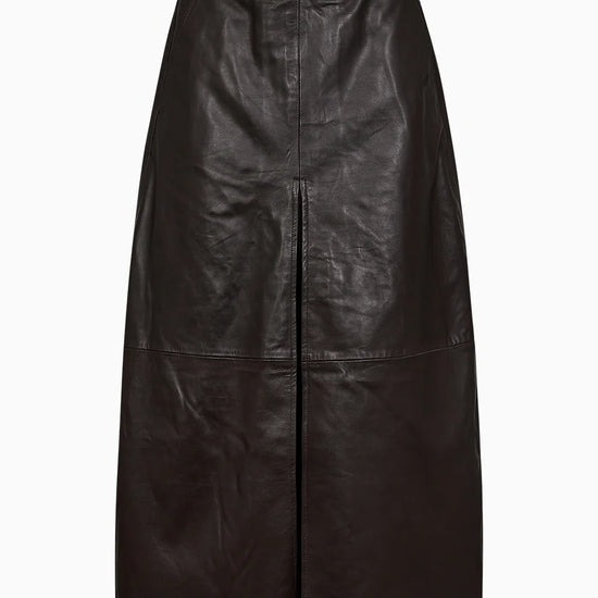 mid length chocolate brown leather pleated skirt with belt loops