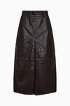 mid length chocolate brown leather pleated skirt with belt loops