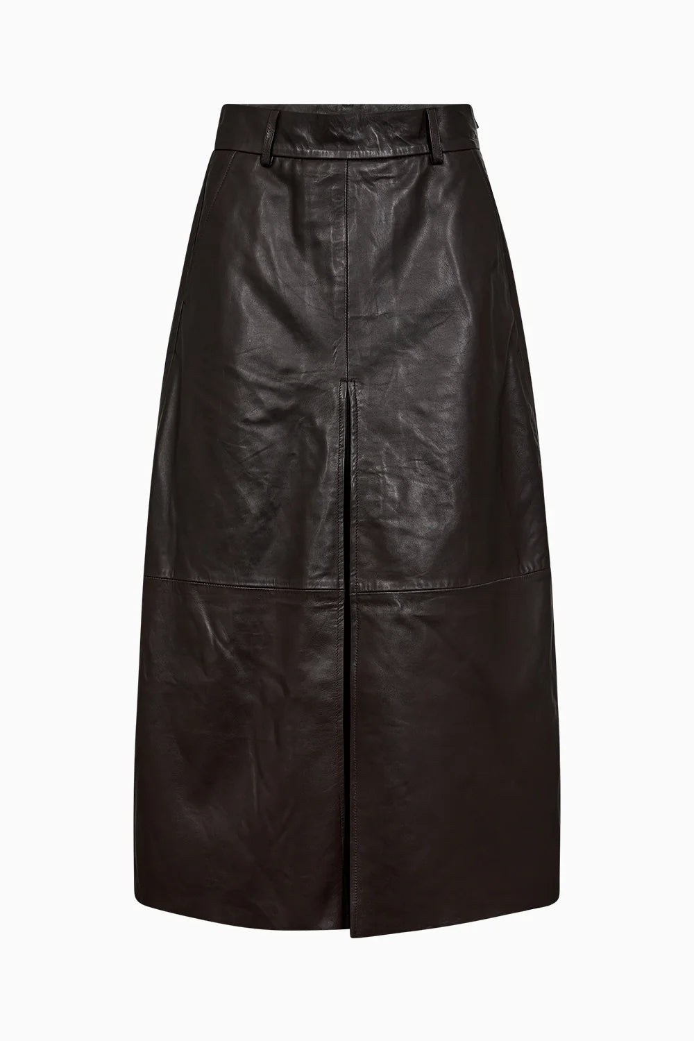 mid length chocolate brown leather pleated skirt with belt loops