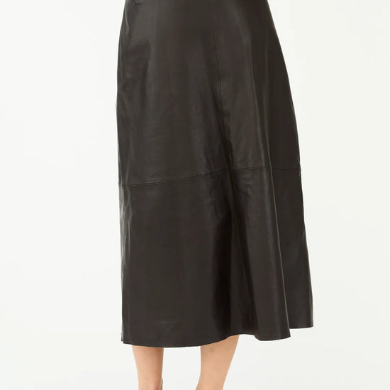 mid length chocolate brown leather pleated skirt with belt loops rear view
