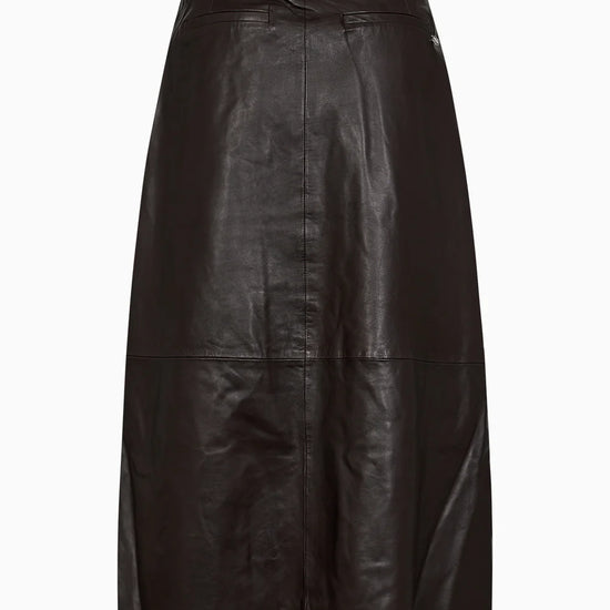 mid length chocolate brown leather pleated skirt with belt loops rear view