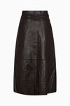 mid length chocolate brown leather pleated skirt with belt loops rear view