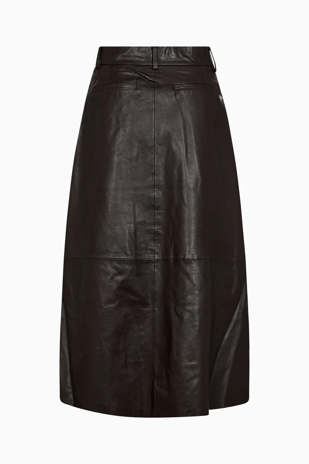 mid length chocolate brown leather pleated skirt with belt loops rear view