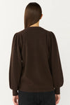 Rear view of Brown puff sleeve cardigan with a v neck