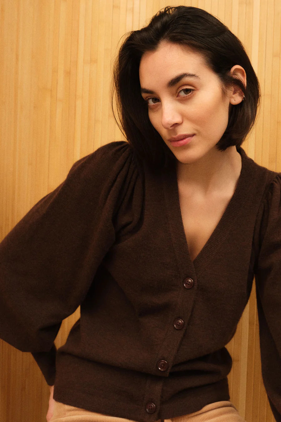 Brown puff sleeve cardigan with a v neck on a model