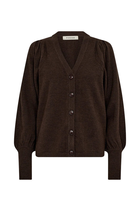 Brown puff sleeve cardigan with a v neck