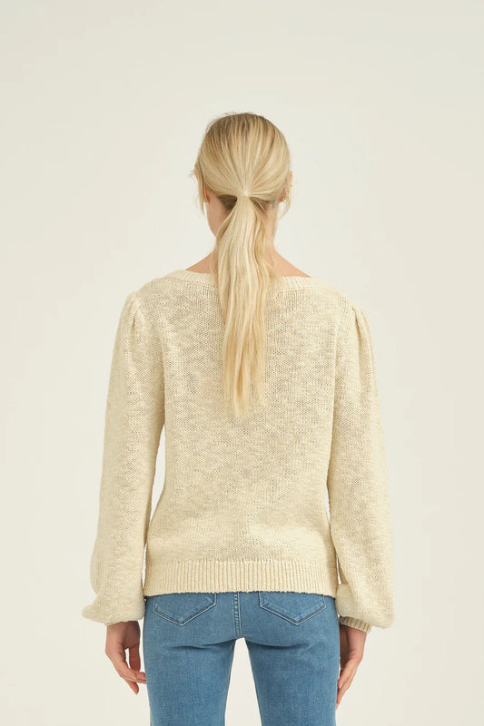 Cream cotton knitted jumper with crew neck and long sleeves with gathered shoulder seam