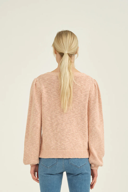 Rose pink cotton knitted jumper with crew neck and long sleeves with gathered shoulder seam