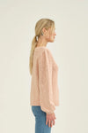 Rose pink cotton knitted jumper with crew neck and long sleeves with gathered shoulder seam