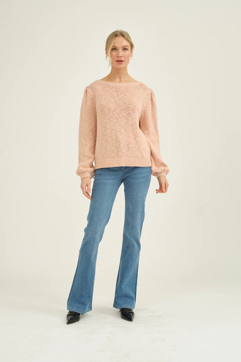 Rose pink cotton knitted jumper with crew neck and long sleeves with gathered shoulder seam