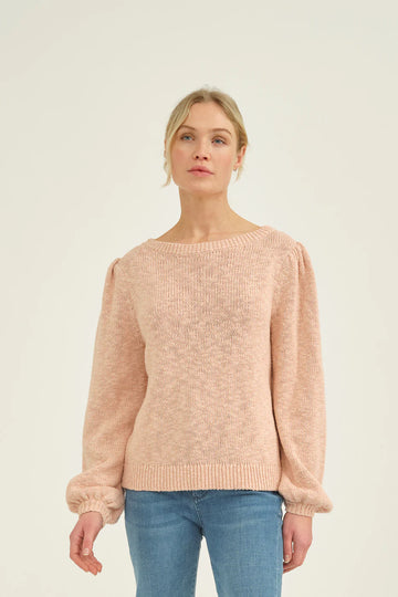 Rose pink cotton knitted jumper with crew neck and long sleeves with gathered shoulder seam