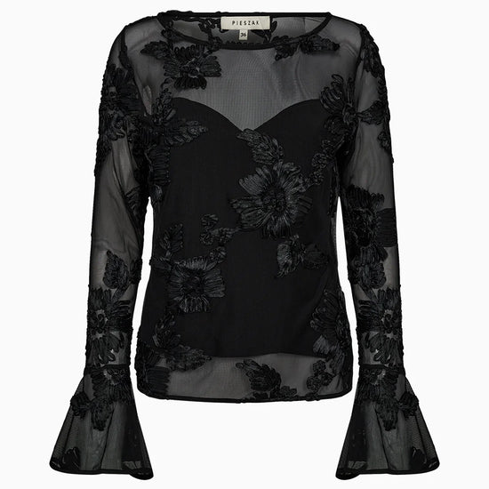 black mesh sheer blouse with fitted bodice and embroidered floral stitching from pieszak 