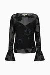 black mesh sheer blouse with fitted bodice and embroidered floral stitching from pieszak 