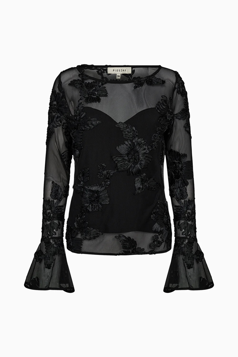 black mesh sheer blouse with fitted bodice and embroidered floral stitching from pieszak 