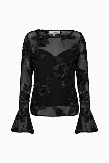 black mesh sheer blouse with fitted bodice and embroidered floral stitching from pieszak 