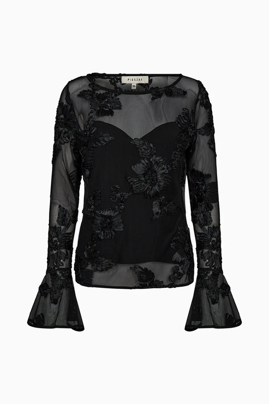 black mesh sheer blouse with fitted bodice and embroidered floral stitching from pieszak 