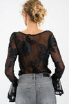 black mesh sheer blouse with fitted bodice and embroidered floral stitching from pieszak model shot rear view 