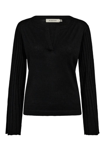 black v neck metallic top with ribbed wide sleeves from pieszak