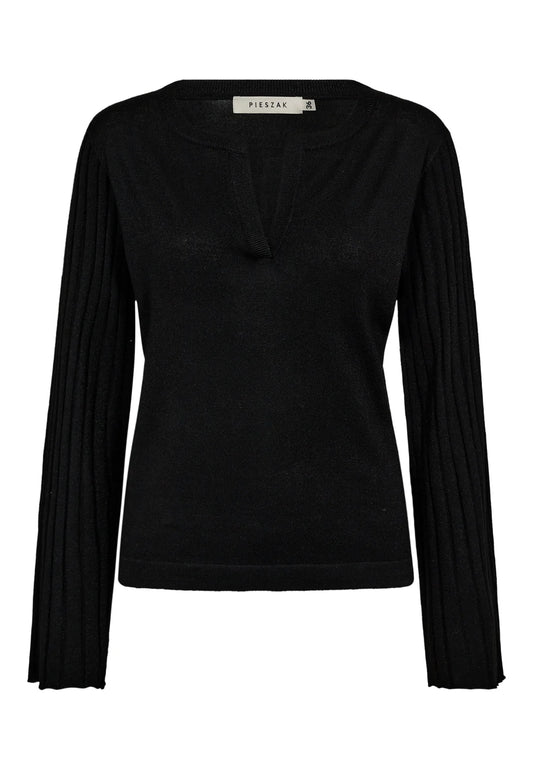 black v neck metallic top with ribbed wide sleeves from pieszak