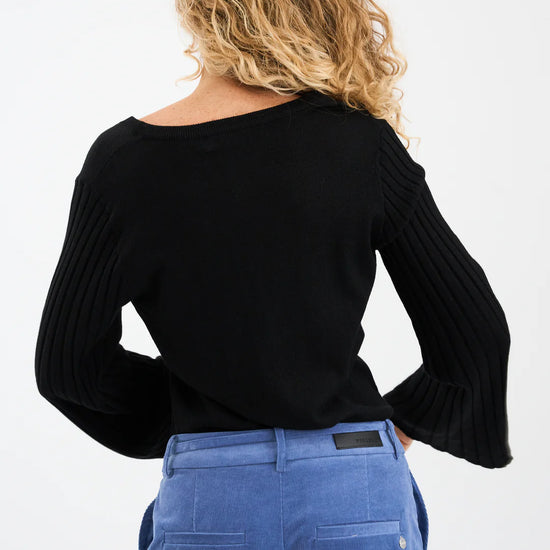 black v neck metallic top with ribbed wide sleeves from pieszak rear view