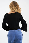 black v neck metallic top with ribbed wide sleeves from pieszak rear view