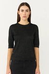 Model shot of short sleeve lurex round neck knit