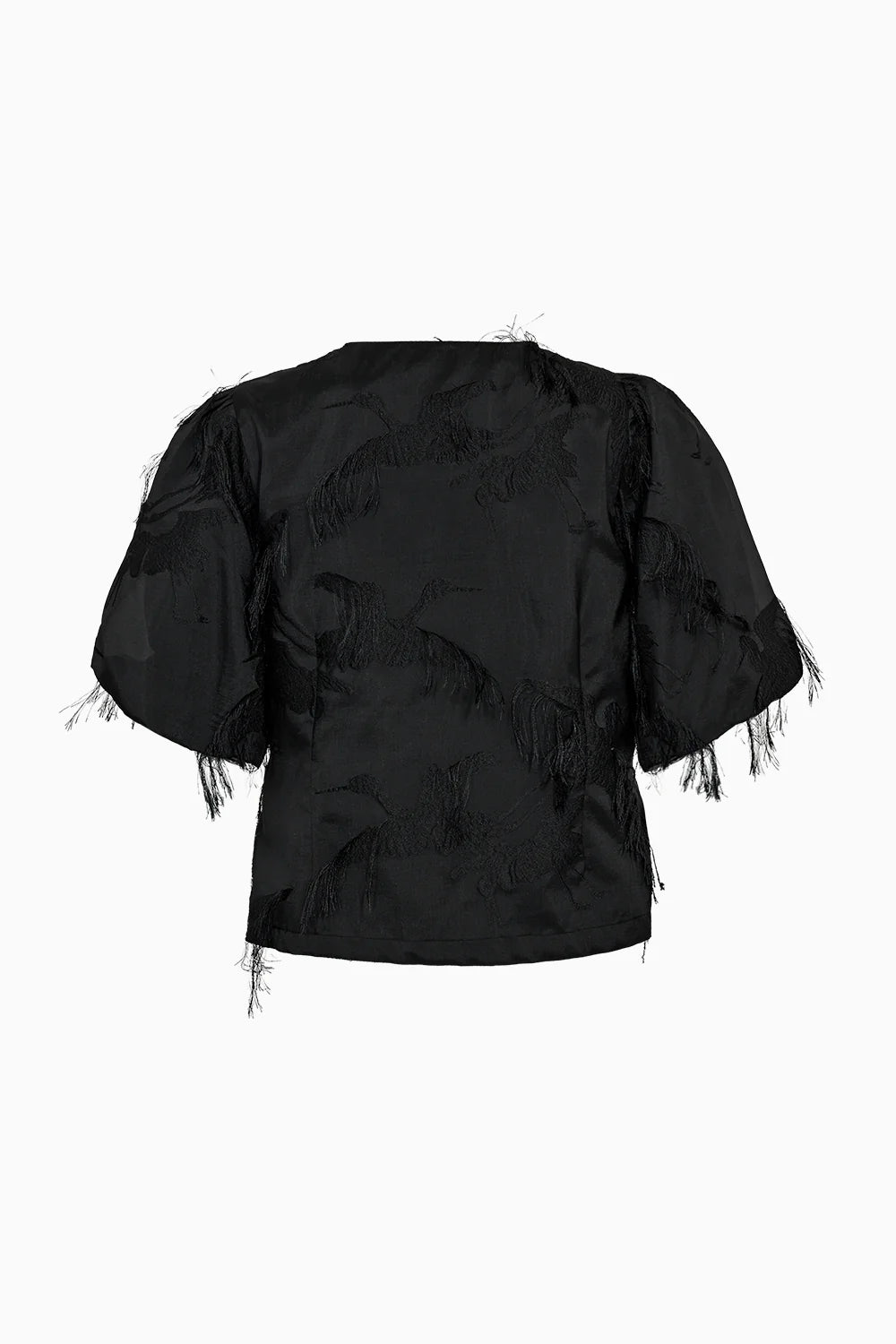 Rear view of black short sleeve jacket with fringe details