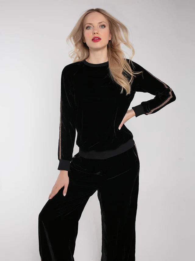 Wide leg black velvet joggers