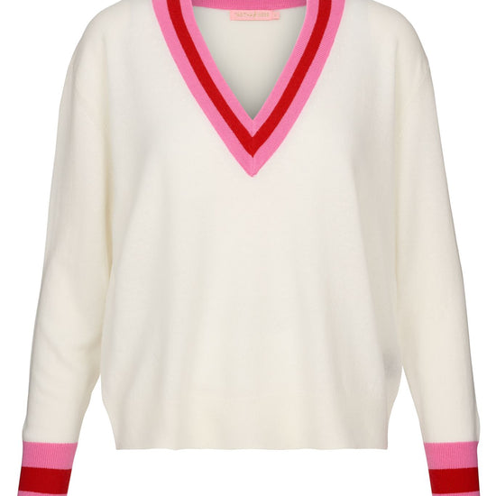 Cashmere blend V neck knit in cream with pink and red details