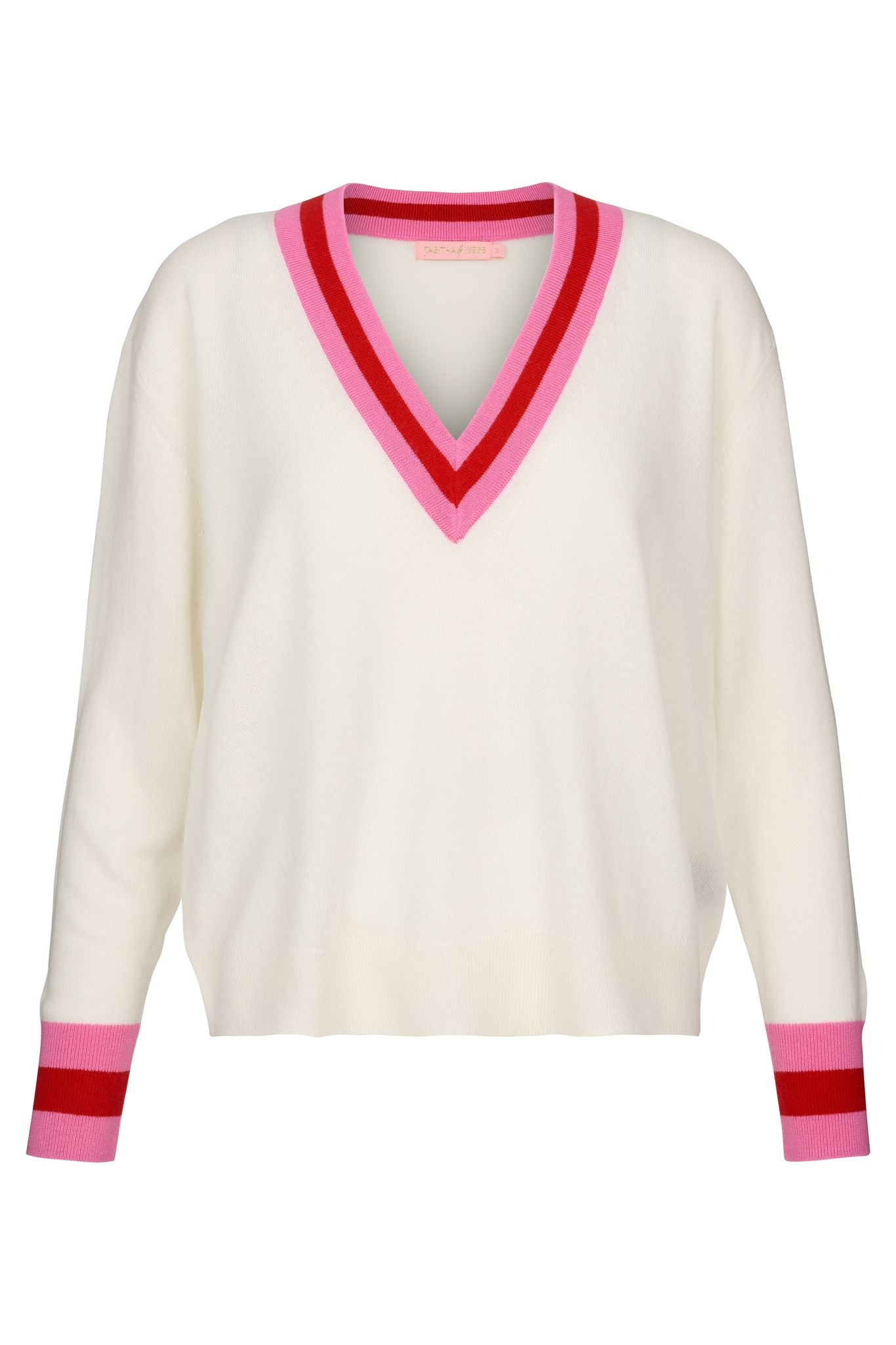 Cashmere blend V neck knit in cream with pink and red details