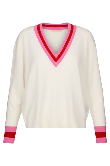 Cashmere blend V neck knit in cream with pink and red details