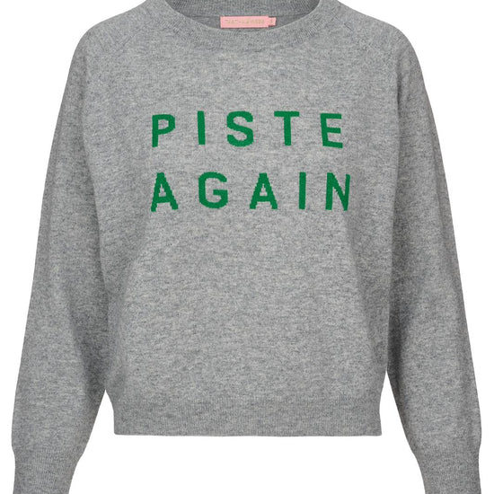 Grey round neck cashmere blend knit with green ski slogan