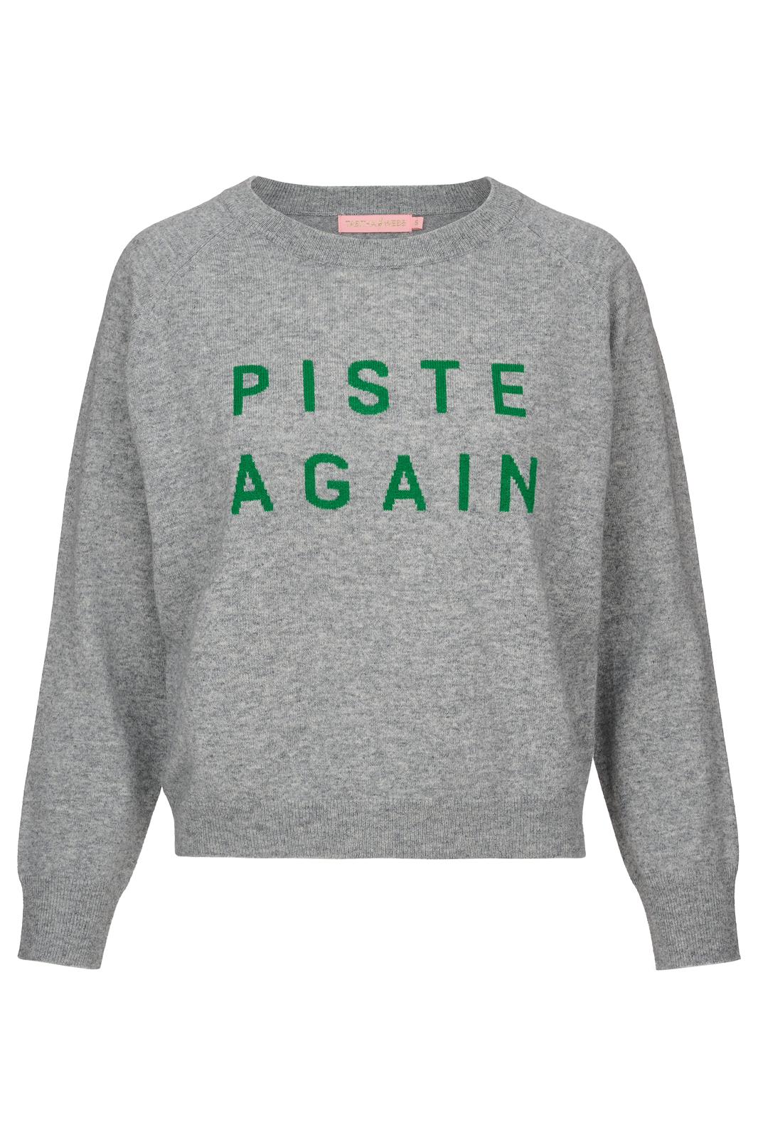 Grey round neck cashmere blend knit with green ski slogan