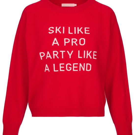 Red cashmere blend round neck long sleeve knit with ski slogan