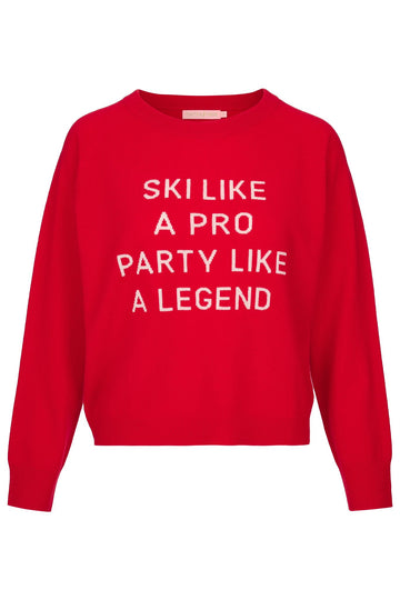 Red cashmere blend round neck long sleeve knit with ski slogan