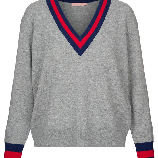 relaxed fit grey marl cashmere mix knit with red and blue details