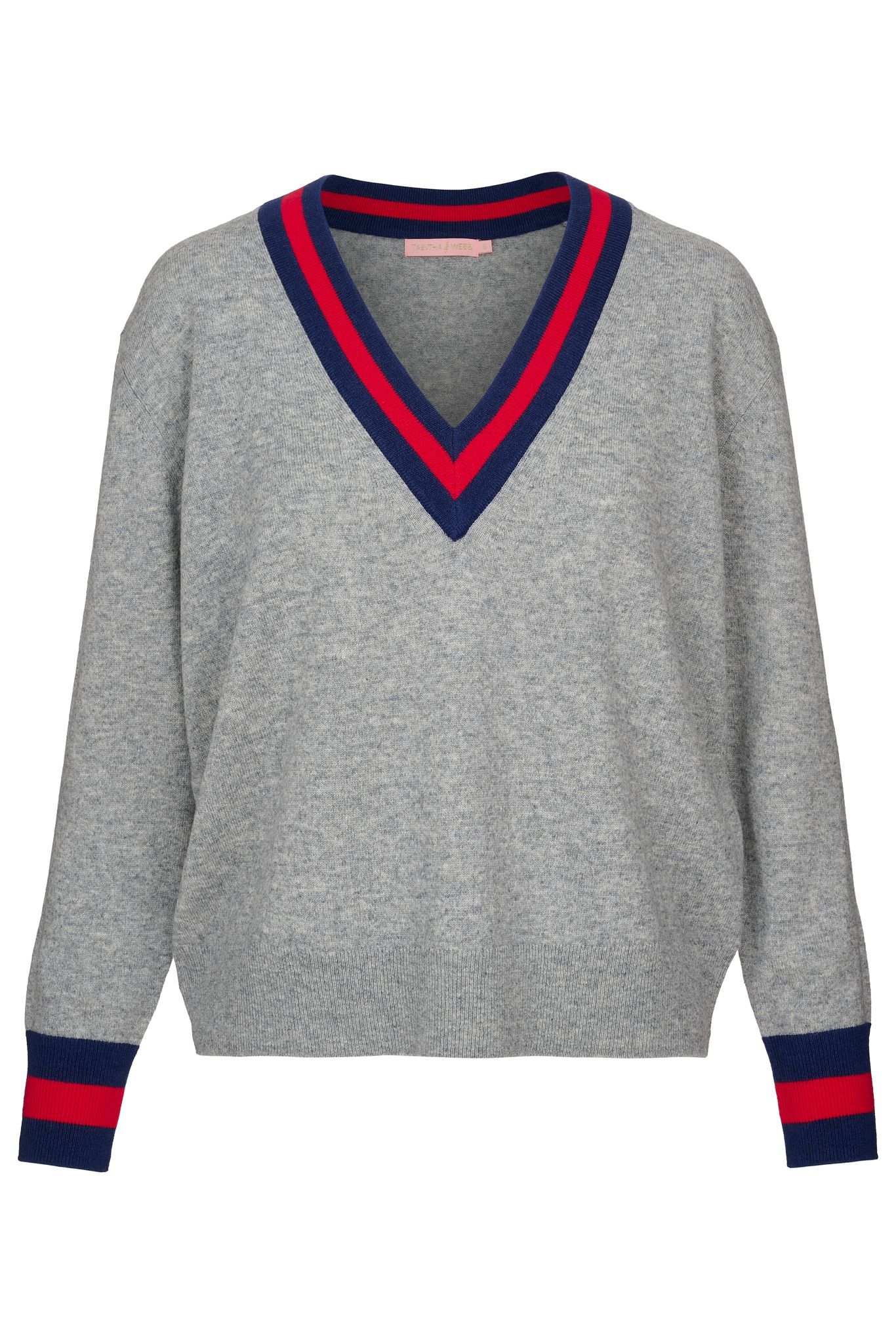 relaxed fit grey marl cashmere mix knit with red and blue details