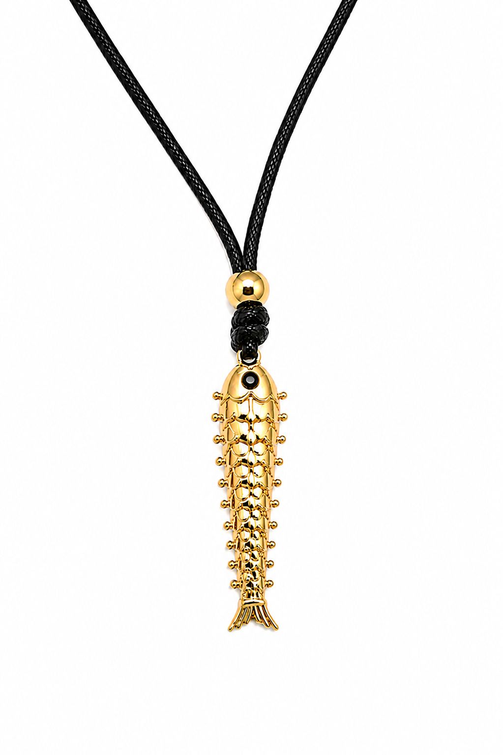 Gold fish-shaped pendant on a black cord against a white background
