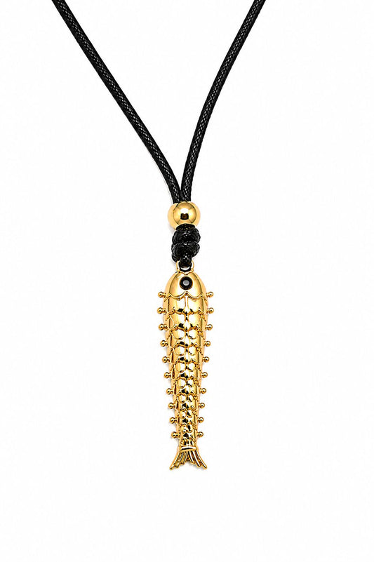 Gold fish-shaped pendant on a black cord against a white background