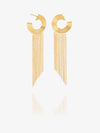 gold swirly circular hoops with chandelier style chains falling from the hoops from rachel jackson