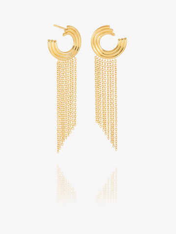 gold swirly circular hoops with chandelier style chains falling from the hoops from rachel jackson
