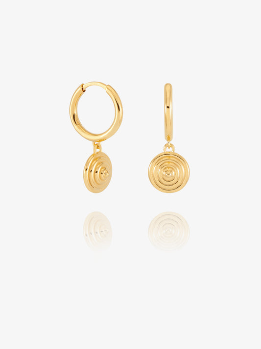 small huggie earring with circular gold drops with a triangle point from rachel jackson