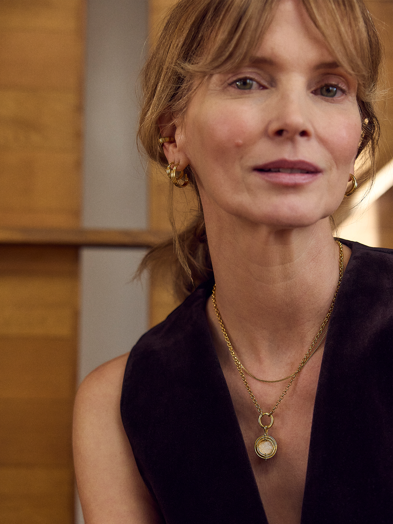 gold statement necklace with circle model shot