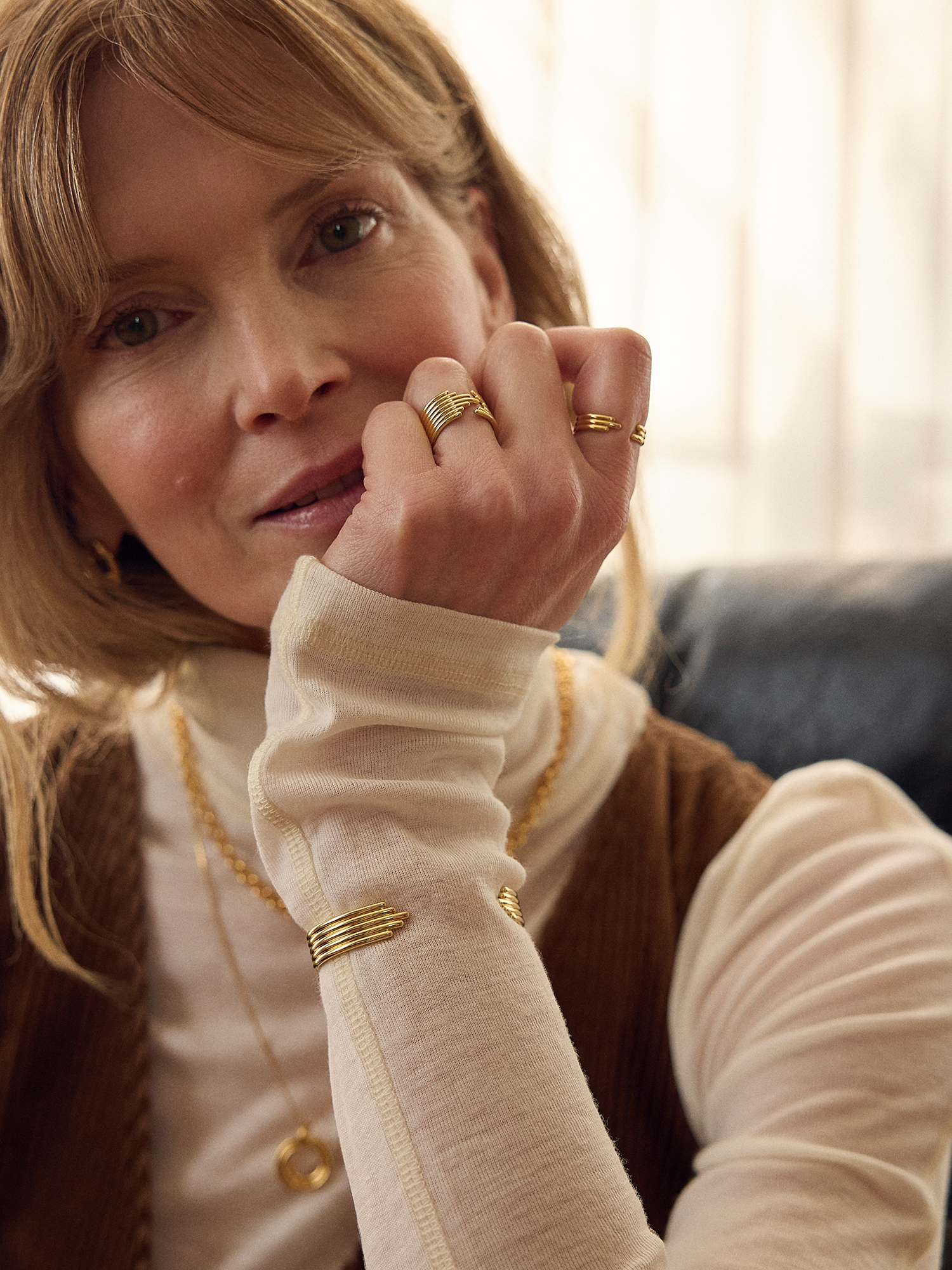 statement gold band ring with open section from rachel jackson model shot