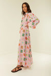 Linen button through dress with long sleeves in a pink print with a removable belt
