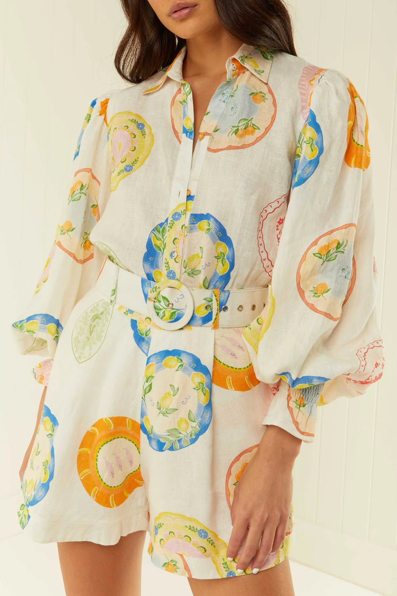 Linen blouse with plate print long sleeves and shirred cuffs